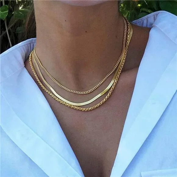 ✨ Layered Gold Cuban Herringbone Necklace | Double Chain Non-Tarnish Jewelry - Picture 2 of 5